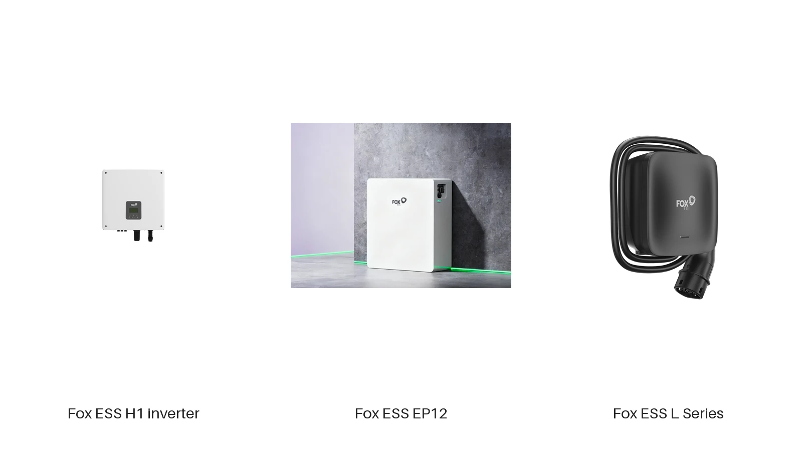 Fox ESS H1 inverter, EP12 battery and L Series charger product images