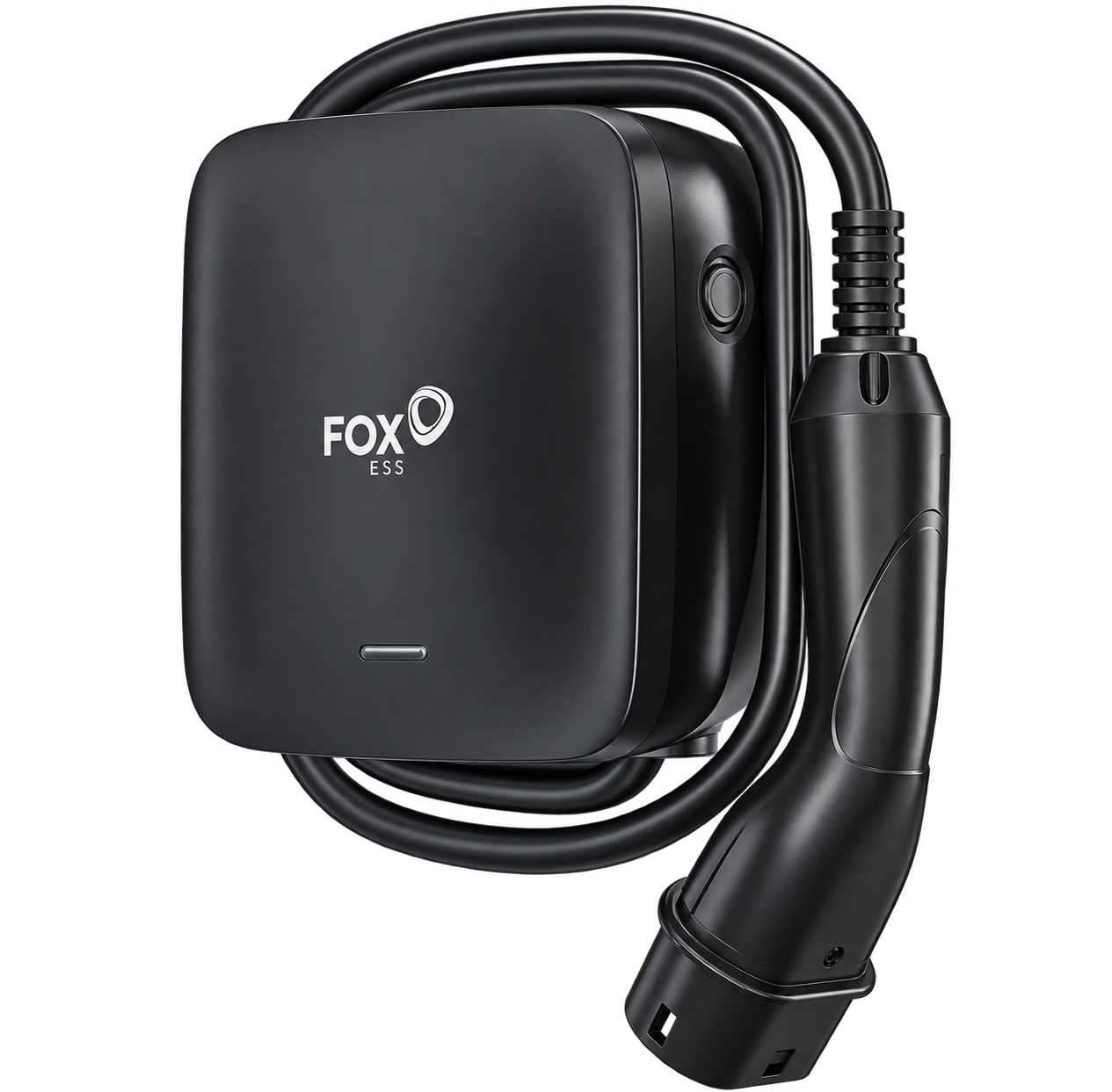 Fox ESS EV charger with coiled tethered cable and Type 2 plug, manufacturer product photo.