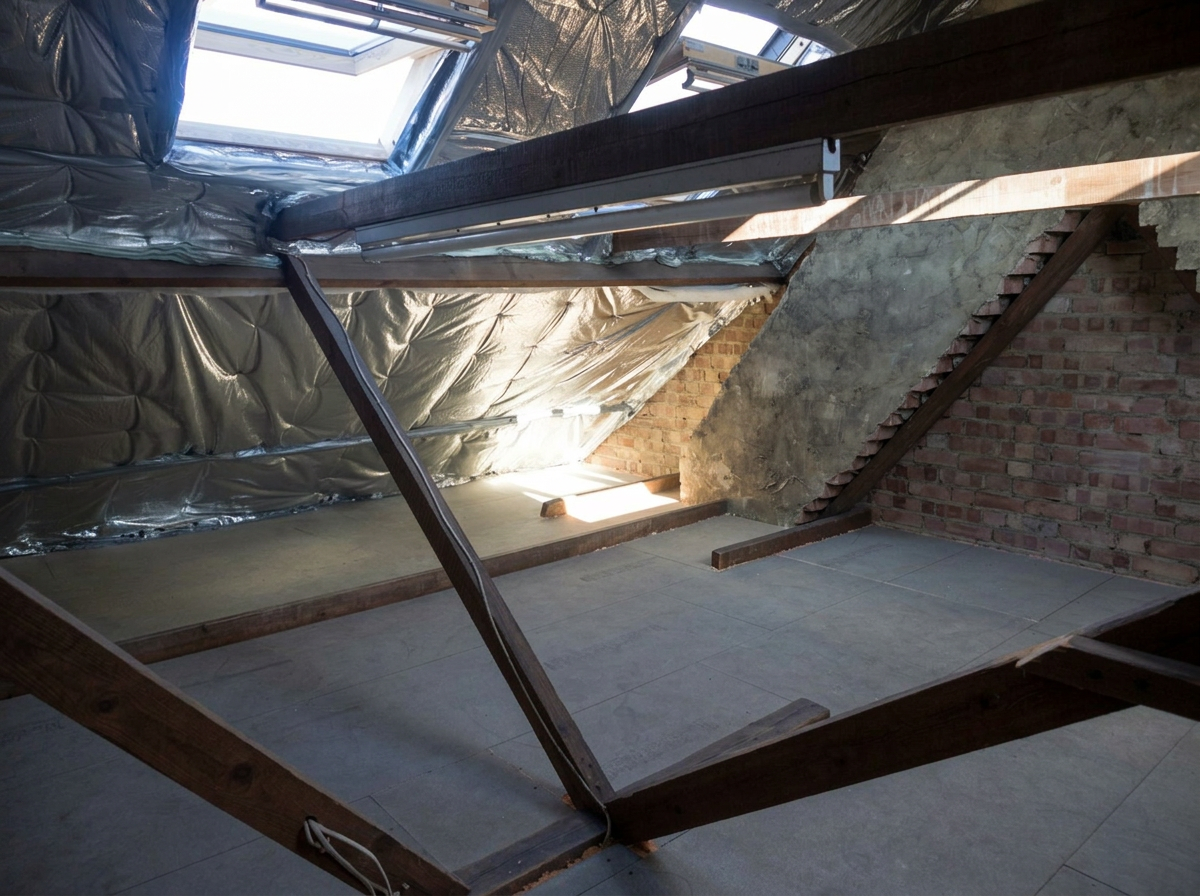A boarded loft floor with raised boarding beneath the roof timbers, silver multifoil insulation between the rafters and natural light from a skylight.