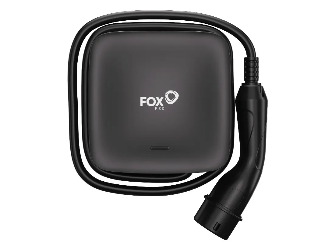 The Fox ESS L Series 7kW tethered EV charger shown from the front with its cable coiled