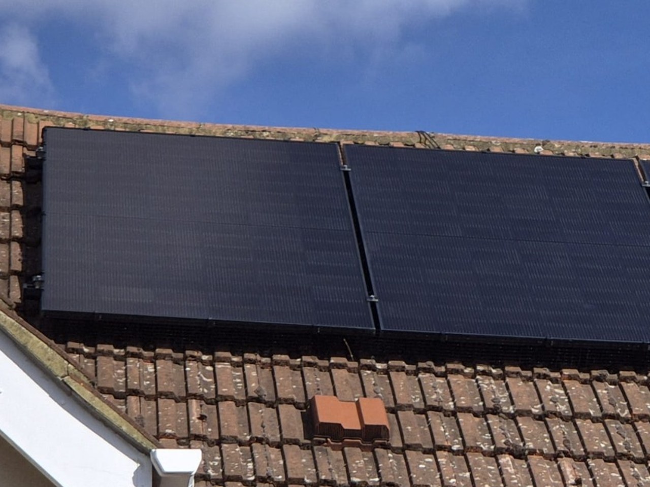 All-black solar panels fitted near the ridge of a red-tiled roof, with bird mesh along the lower edge, photographed by Cozy Home Solutions.